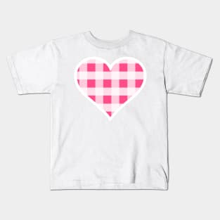 Bright Pink and White Buffalo Plaid Heart Kids T-Shirt